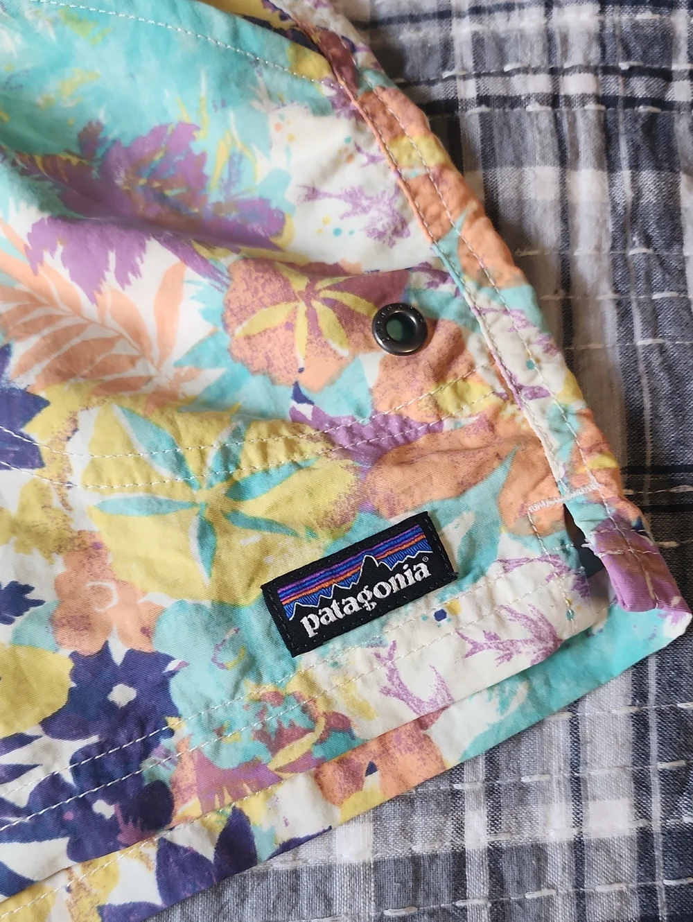 Patagonia Teal Floral Swim Shorts with Yellow & Purple Accents